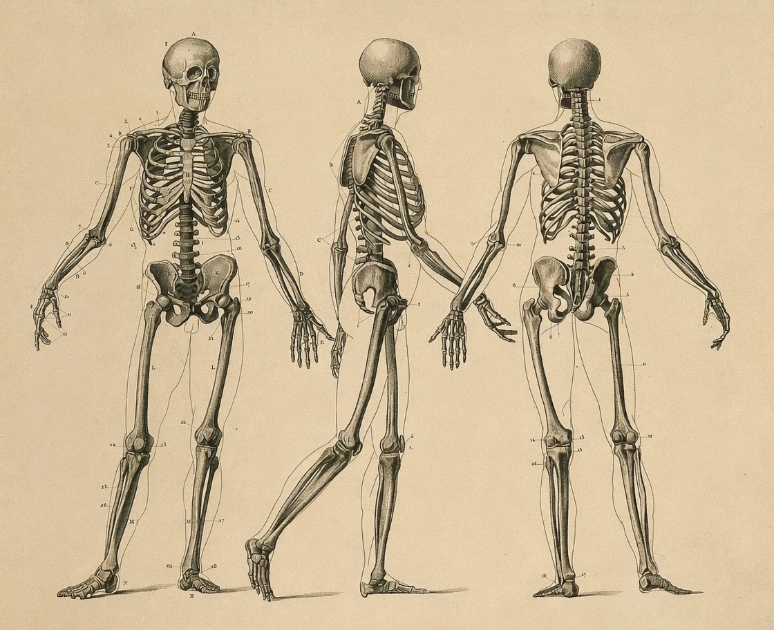 Detailed classical anatomical views of the human skeleton — front, side, and back